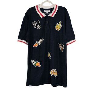 RS 1NE Applique Patch Polo Mens Size XL Blue Cotton Blend Short Sleeve Shirt